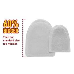 Hothands toe warmer comparison showing a large warmer next to a standard size warmer