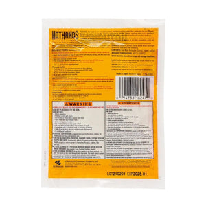 Hothands toe warmer packaging back view with instructions and safety warnings