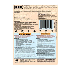Hothands air activated warmer instructions and safety warnings label