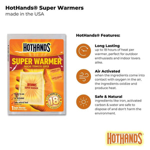 Hothands Super Warmer packaging showing 18 hours of heat features and natural ingredients
