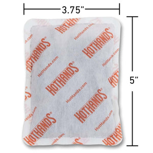 Hothands hand warmer packet with dimensions 3.75 inches by 5 inches