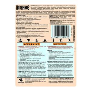 Hothands hand warmer product packaging back label with instructions and safety warnings