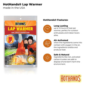 Hothands lap warmer packaging showing features including eight hours of heat and air activated technology