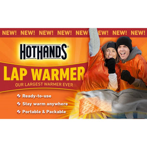 Hothands lap warmer product advertisement with two people wrapped in a large grey blanket