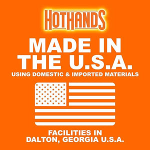 HotHands logo with text stating made in the USA using domestic and imported materials in Dalton Georgia