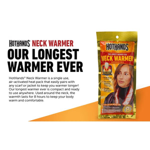 Hothands neck warmer packaging showing product usage and 8 hour heat duration