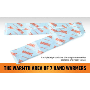 Seven HotHands single use hand warmer packets arranged in a row