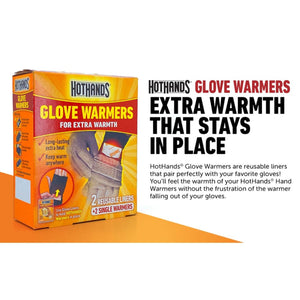 HotHands glove warmers box containing two reusable liners and two single hand warmers