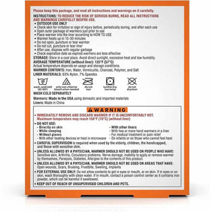 Instruction and warning label for hand warmer product with care symbols and usage guidelines