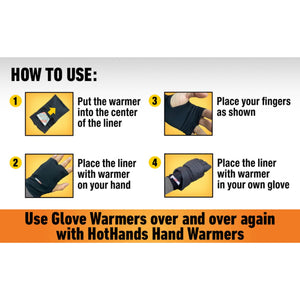 Four step instructional graphic for using HotHands glove warmer liners