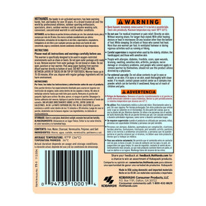 Hothands warmer product instructions and safety warnings label