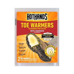 Hothands adhesive toe warmers packaging with 8 hours of heat