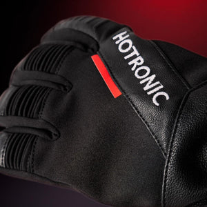Close up of black Hotronic glove with white brand logo and red accent