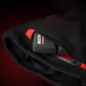 Hotronic battery pack inserted into a zippered pocket on a black glove