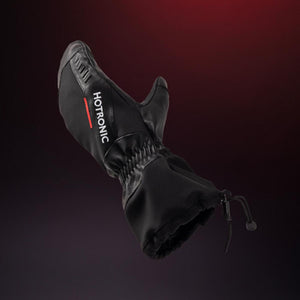 Hotronic black heated mitten with adjustable wrist strap and drawstring cuff