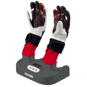 Hotronic glove dryer with two gloves mounted on red heating elements