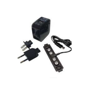 Hotronic battery charger kit with power adapter, international plug attachments, and charging cable