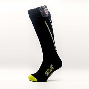 Hotronic black heated sock with yellow toe and battery pack attached at the cuff