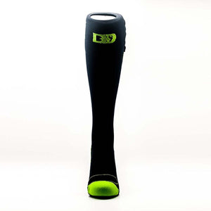 Black compression sock with lime green toe and B37 logo