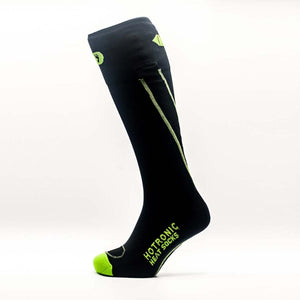 Hotronic black knee high heat sock with lime green toe and logo