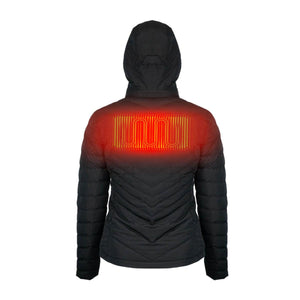 Back view of Mobile Warming hooded jacket with glowing red heating element on upper back