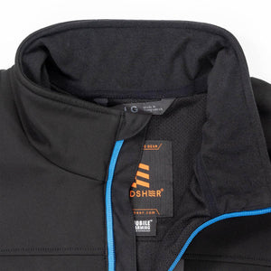 Interior collar and brand label of a black Mobile Warming jacket