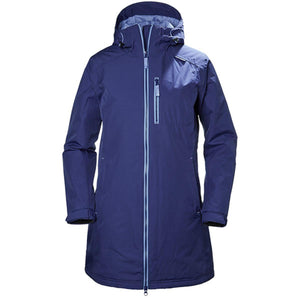 Helly Hansen blue hooded insulated parka with front zipper and chest pocket