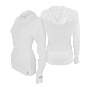 Mobile Cooling white long sleeve hooded shirt shown from front and back views