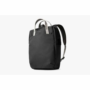 Bellroy black backpack with light grey top handles and shoulder straps