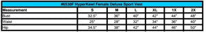HyperKewl female deluxe sport vest size chart showing bust waist and hip measurements for sizes small to 2X