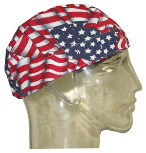 HyperKewl cooling skull cap with American flag pattern on a mannequin head