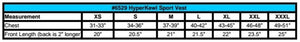 HyperKewl sport vest size chart showing chest and length measurements for sizes extra small to triple extra large