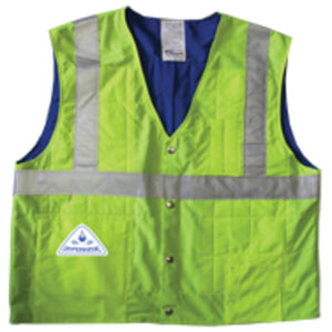 HyperKewl lime green high visibility cooling vest with reflective strips and snap button closure