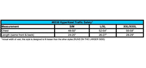 HyperKewl 6538 traffic safety vest size chart showing chest and length measurements for sizes S M to XXL XXXL