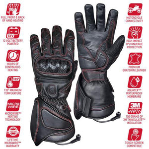 Black leather heated motorcycle gloves with red stitching and feature icons