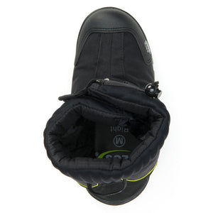 Top view of a black Neos overshoe with a drawstring closure