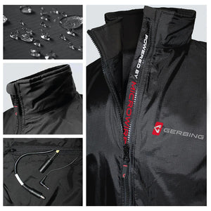 Gerbing heated jacket details showing water repellent fabric collar zipper and power cable connection