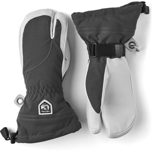 Hestra grey and white three finger ski mittens with adjustable wrist straps