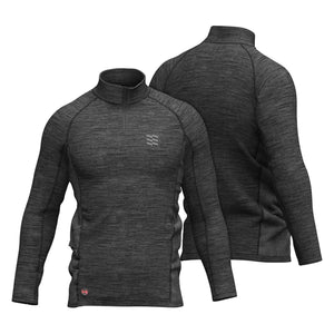 Charcoal grey long sleeve quarter zip performance shirt with textured side panels