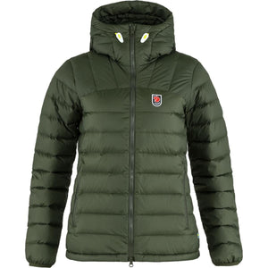 FjallRaven olive green hooded down jacket with front zipper and logo patch