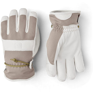 Hestra beige and white leather ski gloves with drawstring closure