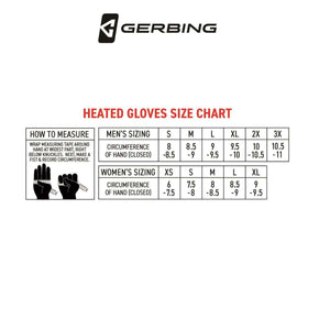 Gerbing heated gloves size chart for men and women with measurement instructions