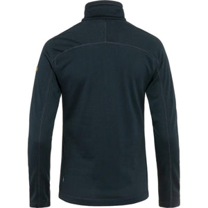 Back view of dark blue FjallRaven fleece jacket with high collar