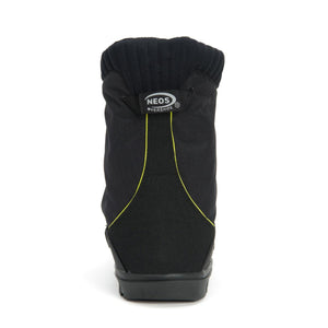 Back view of a black Neos overshoe with yellow trim and logo