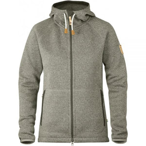 Fjallraven grey knitted fleece hoodie with front zipper and side pockets
