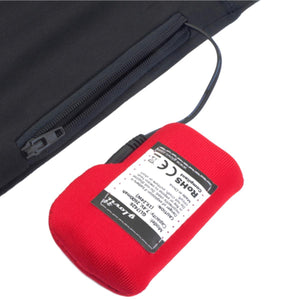 Glovii red rechargeable battery pack connected to black fabric garment