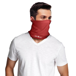 Man wearing a red Alpha Cool neck gaiter with a white v-neck t-shirt