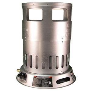 Silver portable propane construction heater with control knob and warning labels
