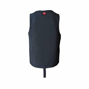 Back view of a black Glovii heated vest with a red heat icon on the collar