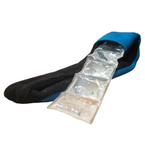 Icy Cools blue and black fabric neck wrap with a clear gel ice pack insert
